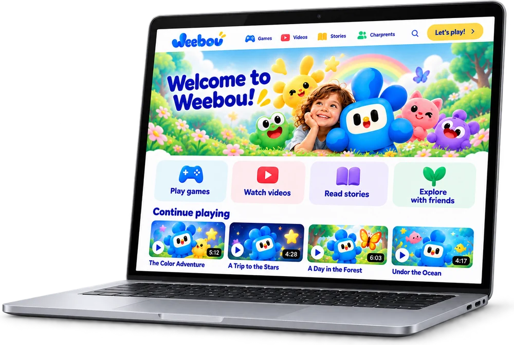 The Weebou app on a laptop: play games, watch videos, read stories and explore with friends